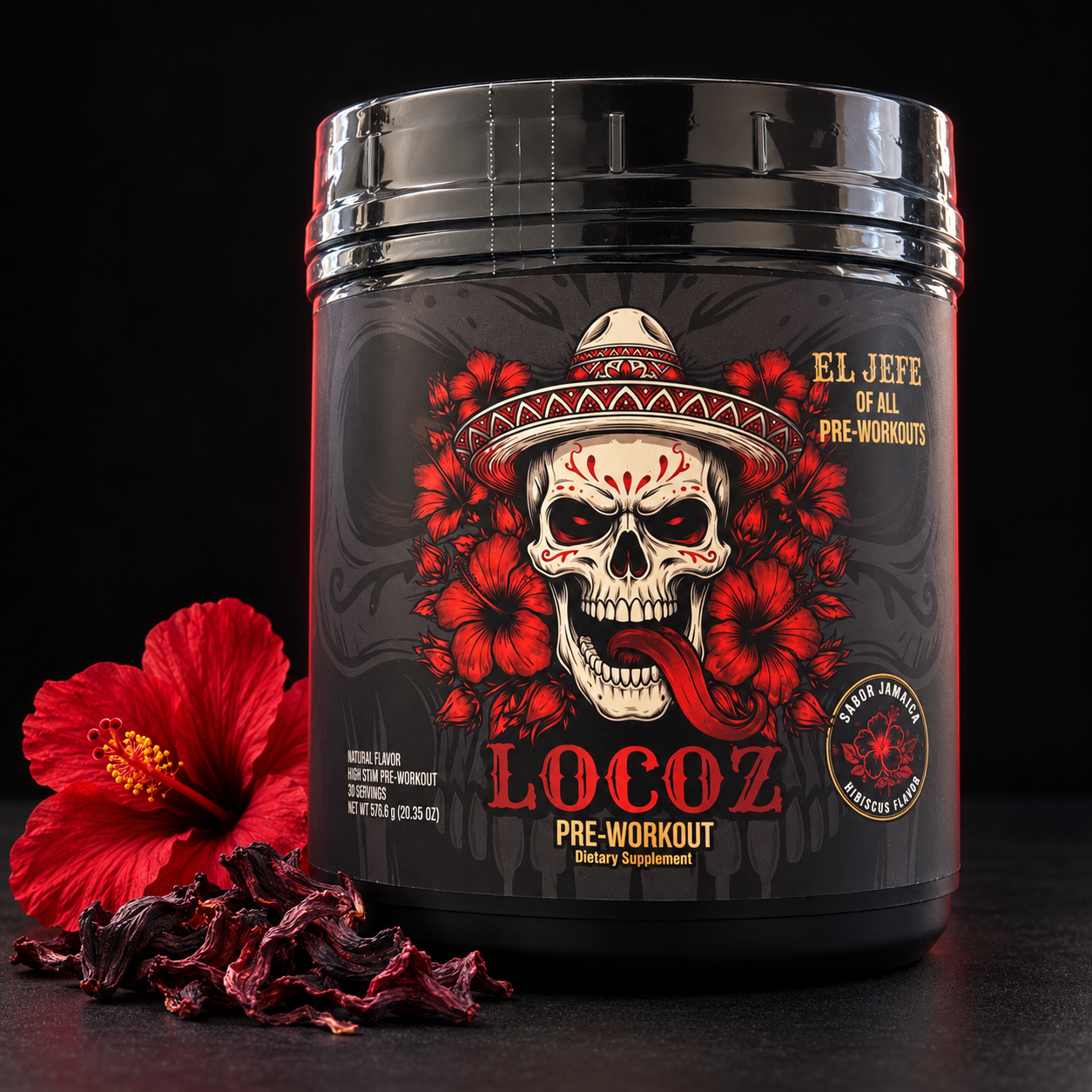 LOCOZ Jamaica Agua Fresca pre-workout jar with hibiscus flowers